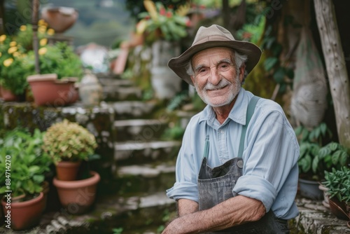 Cheerful senior man with a hat sitting on steps surrounded by potted plants