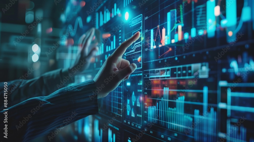 Digital Data Analysis: A Hand Interacting with a Screen Full of Charts Digital Data Analysis: A Hand Interacting with a Screen Full of Charts