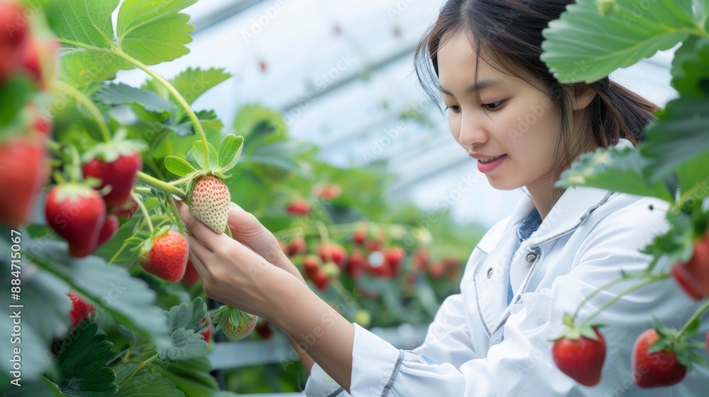 Young Asian woman happily inspects strawberry cultivation for research and writes in notebook in farm greenhouse lab. Woman inspecting strawberries with agriculture Young Asian woman happily inspects strawberry cultivation for research and writes in notebook in farm greenhouse lab. Woman inspecting strawberries with agriculture