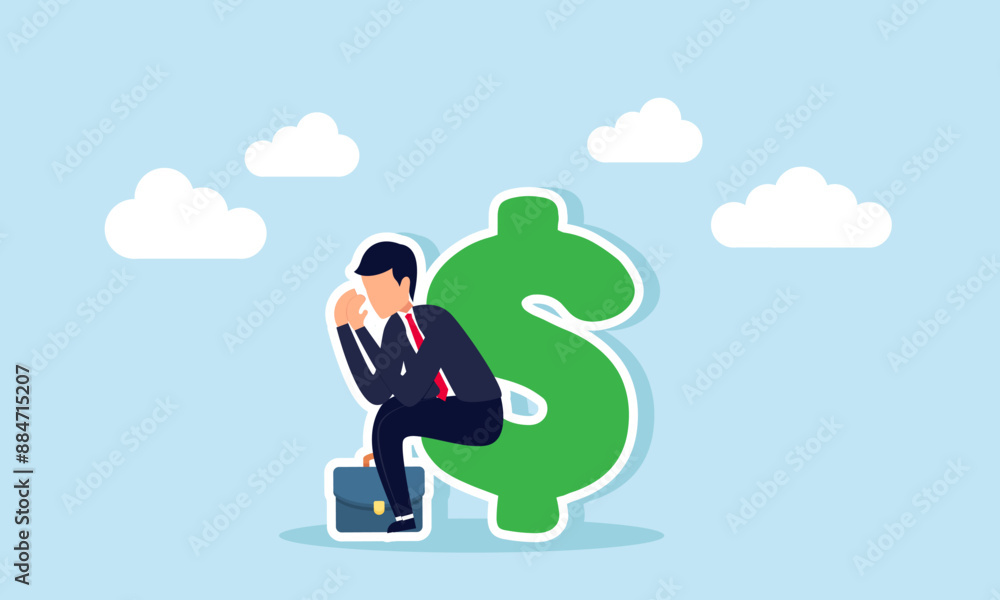 Unemployment causes financial problems: debt, bankruptcy, and inability to pay mortgage or loans, concept of A depressed unemployed businessman sits with a large dollar bill Unemployment causes financial problems: debt, bankruptcy, and inability to pay mortgage or loans, concept of A depressed unemployed businessman sits with a large dollar bill