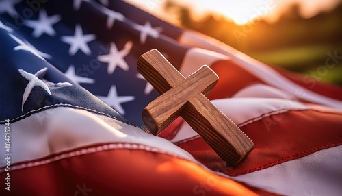 American Flag And Wooden Cross Symbolizing Faith