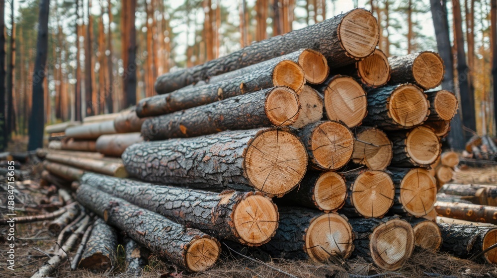 Lumber in the forest, cut wooden logs in the stack. Logging, harvesting wood for fuel and firewood Lumber in the forest, cut wooden logs in the stack. Logging, harvesting wood for fuel and firewood