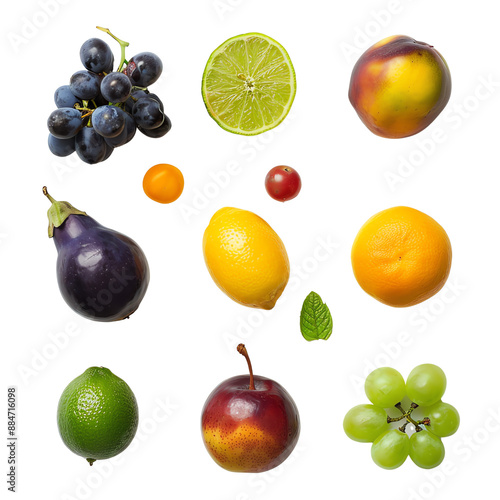 Assorted fresh fruits including grapes, lime, lemon, plum, nectarine, kiwi, and mint leaf on a white background. photo