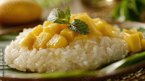 A detailed shot of Mango Sticky Rice, highlighting the texture of the sticky rice and the juiciness of the mango slices, garnished with a sprig of mint and served on a banana leaf-lined plate, photo