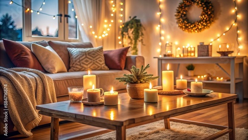 Warm and inviting ambiance of two lit candles on a table amidst blurred cozy living room background with string lights.