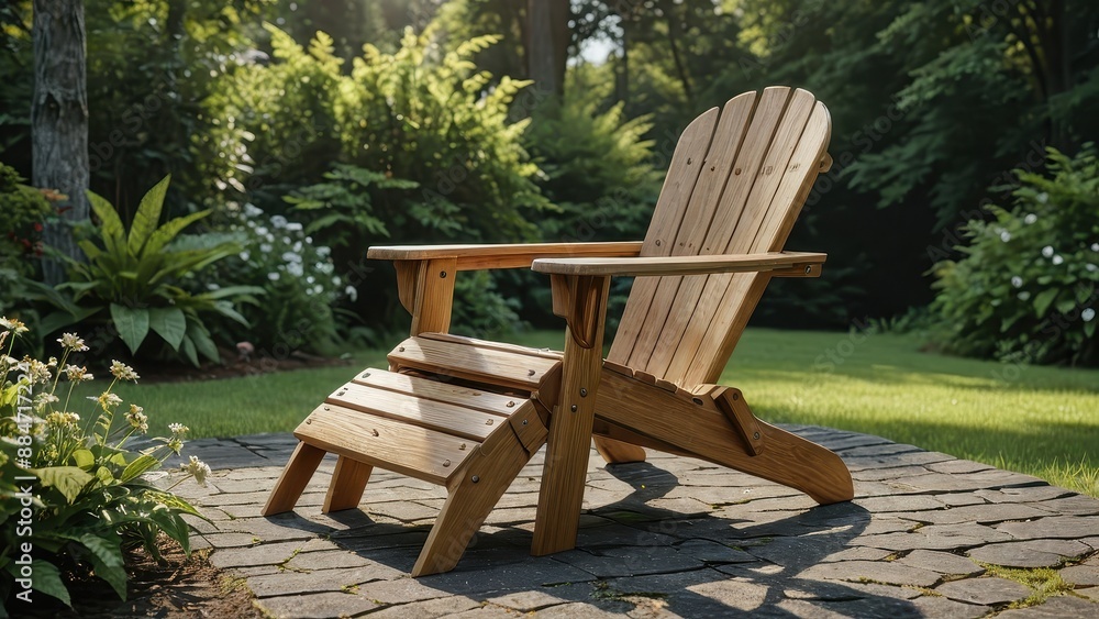 Wooden Adirondack Chair With Footrest In A Garden Setting. Wooden Adirondack Chair With Footrest In A Garden Setting.
