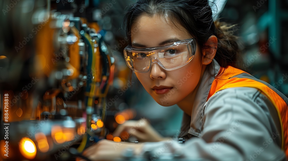 Chinese engineer working on EV car battery cells module in a electric vehicle factory Chinese engineer working on EV car battery cells module in a electric vehicle factory