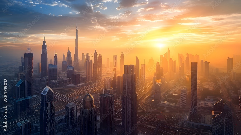 Panoramic View of a Prosperous Financial District at Sunset Panoramic View of a Prosperous Financial District at Sunset