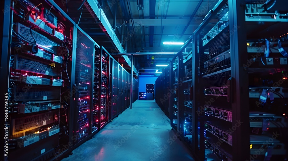 Fototapeta premium Cryptocurrency Mining Rigs in Futuristic Industrial Warehouse Setting with Cooling Systems and Technological Aesthetic