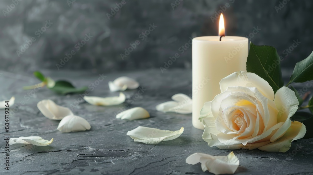 White candle with a rose and flower petals on grey stone panoramic background with copy space, funeral services web banner White candle with a rose and flower petals on grey stone panoramic background with copy space, funeral services web banner