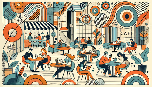 Concept of the image of people spending time in a café.
Vector illustration.