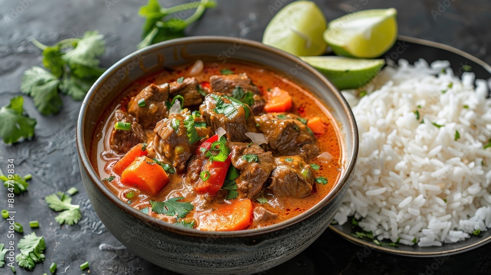 An overhead view of Massaman Curry in a traditional Thai bowl, showcasing the rich, creamy curry sauce with beef, carrots, and onions, accompanied by a plate of jasmine rice and lime wedges, Balanced An overhead view of Massaman Curry in a traditional Thai bowl, showcasing the rich, creamy curry sauce with beef, carrots, and onions, accompanied by a plate of jasmine rice and lime wedges, Balanced