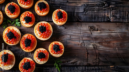 Canapes with black sturgeon and salmon fish cavia