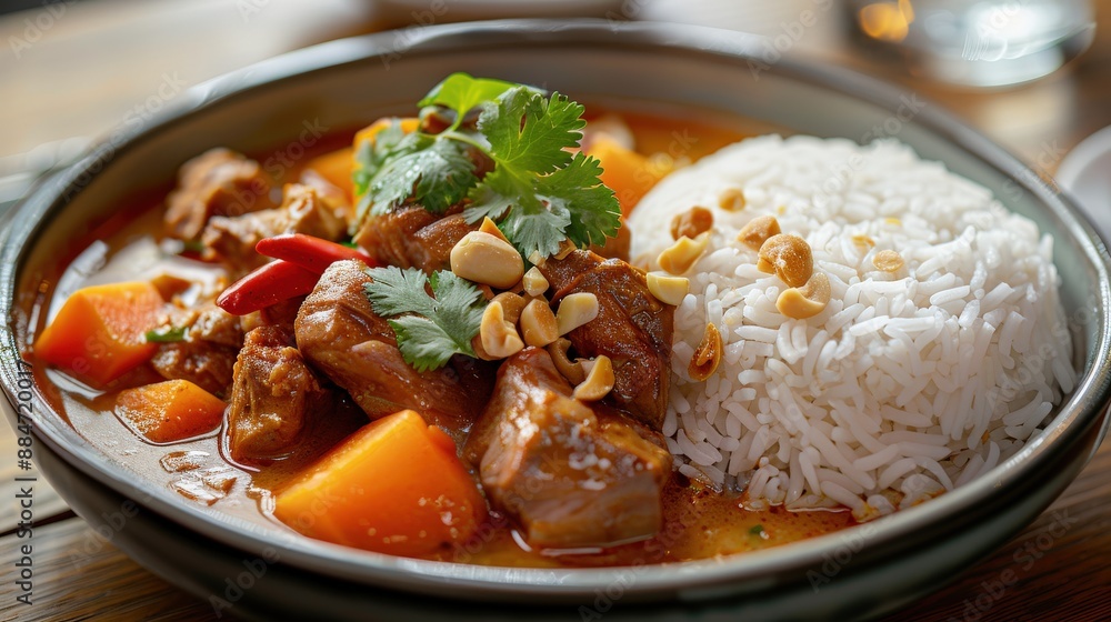 A close-up view of a beautifully plated Massaman Curry with duck, featuring tender duck pieces, sweet potatoes, and peanuts, garnished with fresh coriander and served with a side of jasmine rice, A close-up view of a beautifully plated Massaman Curry with duck, featuring tender duck pieces, sweet potatoes, and peanuts, garnished with fresh coriander and served with a side of jasmine rice,