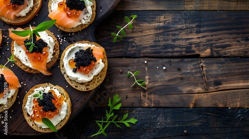 Canapes with black sturgeon and salmon fish cavia