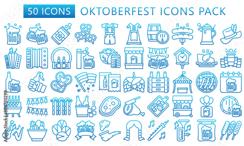 Oktoberfest gradient outline icons pack, includes traditional Bavarian elements like beer barrels, bratwurst, accordions, beer tents, Pretzels, lederhosen, dirndls and more. vector EPS 10.