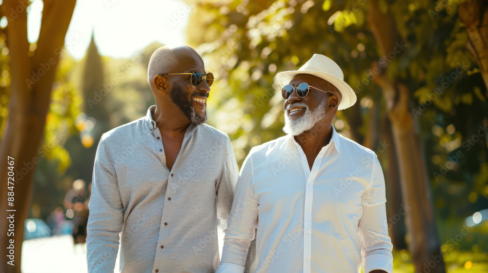A stylish fashionable black couple of elderly gay men are walking in the park. Two gray-haired happy men in sunglasses on a walk