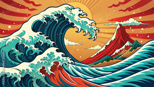Japanese wave. Japanese big waves, raging ocean and vintage sea water vector illustration. Japanese wave background template