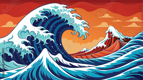 Japanese wave. Japanese big waves, raging ocean and vintage sea water vector illustration. Japanese wave background template