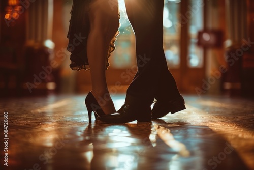 Close-up of feet of Argentine couple dancing tango in a salon.