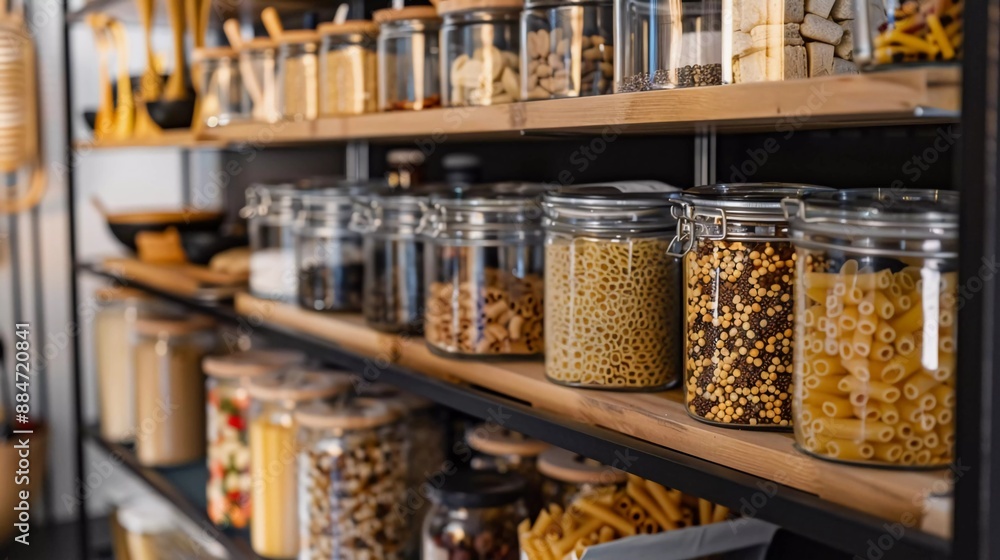 Organized Pantry Shelves with Glass Jars Filled with a Variety of Dry Foods Including Pasta, Grains, and Nuts for a Stylish and beautiful Kitchen Storage Solution
Organized Pantry Shelves with Glass Jars Filled with a Variety of Dry Foods Including Pasta, Grains, and Nuts for a Stylish and beautiful Kitchen Storage Solution