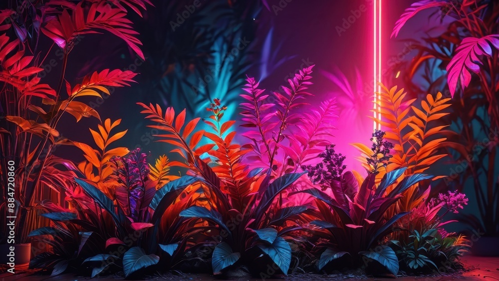 Tropical Plants Under Neon Light. Tropical Plants Under Neon Light.
