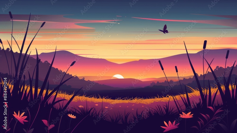 Fototapeta premium Sunset over rolling hills with tall grass and a butterfly.
