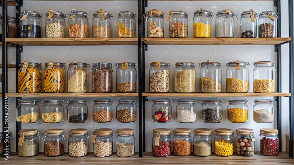 Organized Pantry Shelves with Glass Jars Filled with a Variety of Dry Foods Including Pasta, Grains, and Nuts for a Stylish and beautiful Kitchen Storage Solution
Organized Pantry Shelves with Glass Jars Filled with a Variety of Dry Foods Including Pasta, Grains, and Nuts for a Stylish and beautiful Kitchen Storage Solution