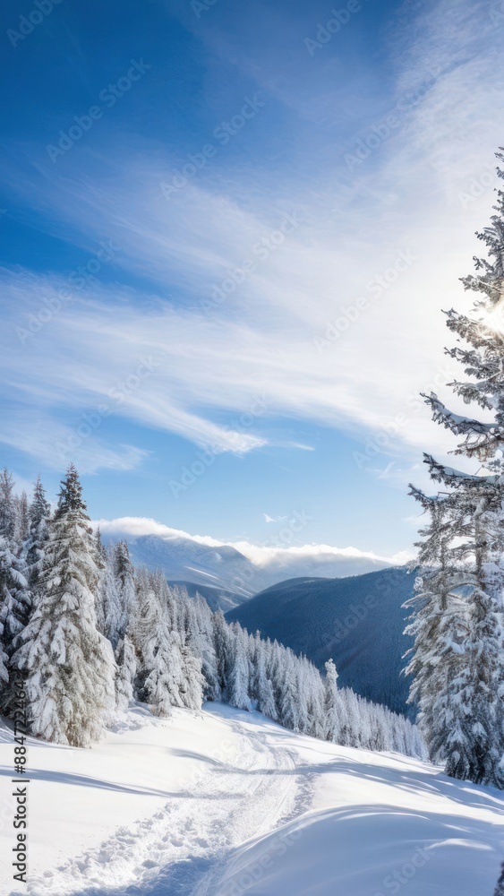 snowy trees line a path in the middle of a snowy mountain snowy trees line a path in the middle of a snowy mountain