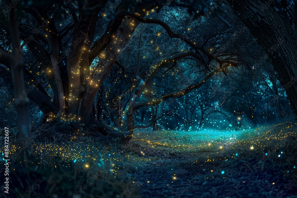 Mystical night scene of a forest path lit by magical fairy lights under starry skies Mystical night scene of a forest path lit by magical fairy lights under starry skies