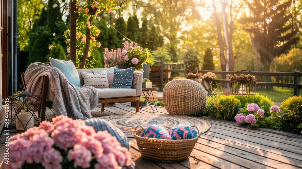 Obraz premium Cozy wooden terrace with rustic wooden furniture, soft colorful pillows and blankets, decorations and flower bushes. Charming sunny evening in summer garden