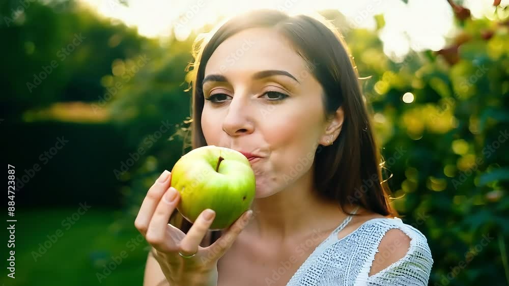 Woman Eating Green Apple Outdoors with Ai generated.
Woman Eating Green Apple Outdoors with Ai generated.