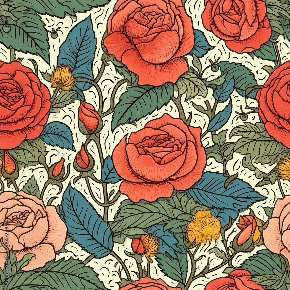 A colorful drawing of a rose garden with a variety of flowers A colorful drawing of a rose garden with a variety of flowers