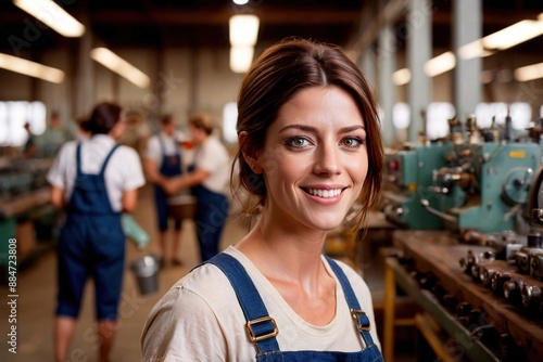 Muscular female factory worker, strong fit confident happy employee on assembly line
