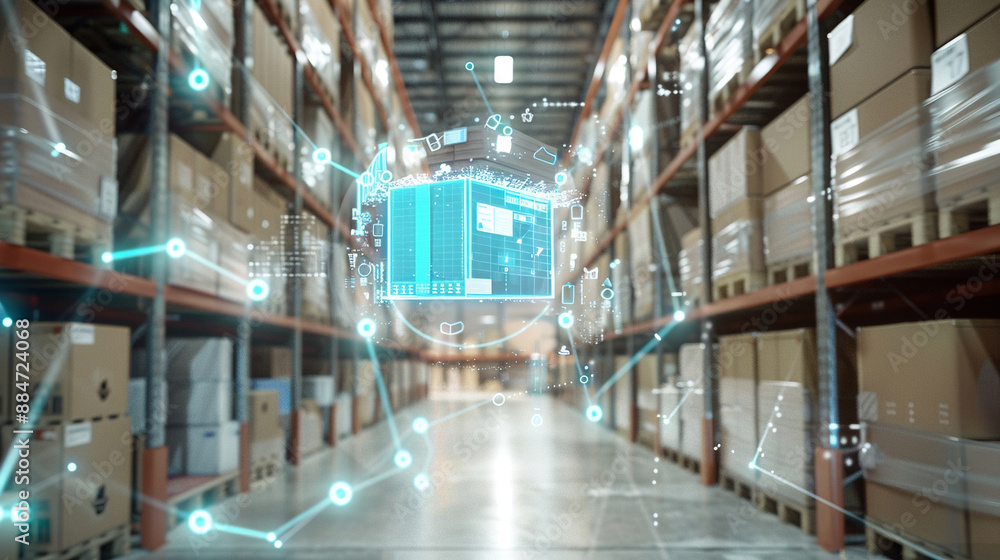Futuristic warehouse with digital icons and boxes on pallets, symbolizing innovation in dynamic logistics control systems Futuristic warehouse with digital icons and boxes on pallets, symbolizing innovation in dynamic logistics control systems