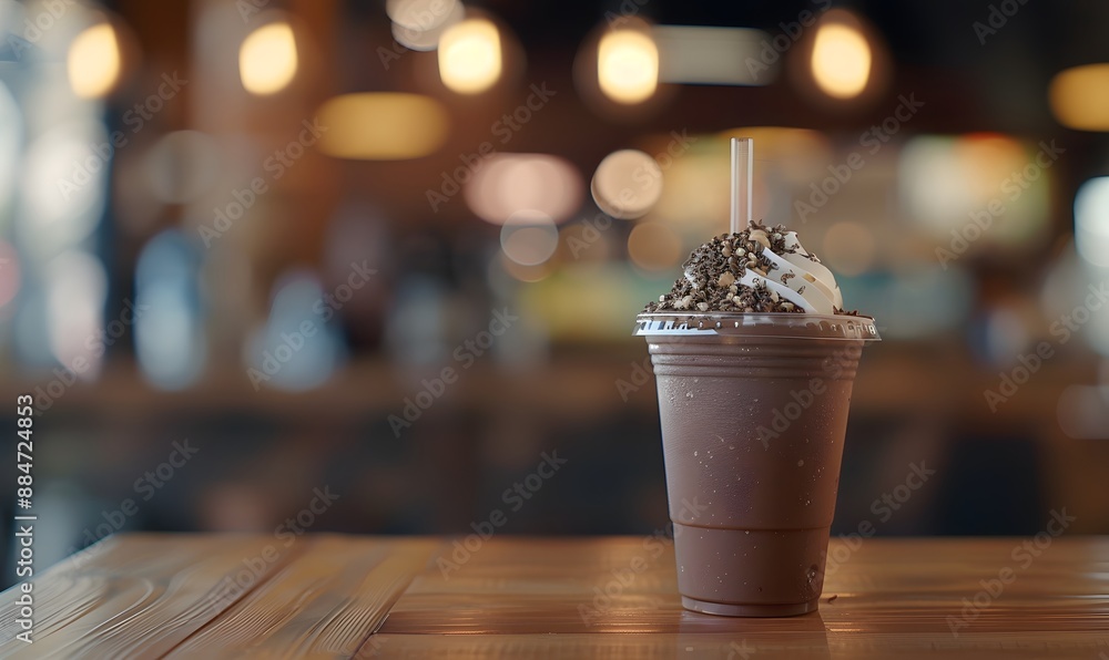 Plastic takeaway cup with frappuccino on cafe table, Generative AI Plastic takeaway cup with frappuccino on cafe table, Generative AI