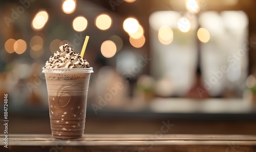 Plastic takeaway cup with frappuccino on cafe table, Generative AI