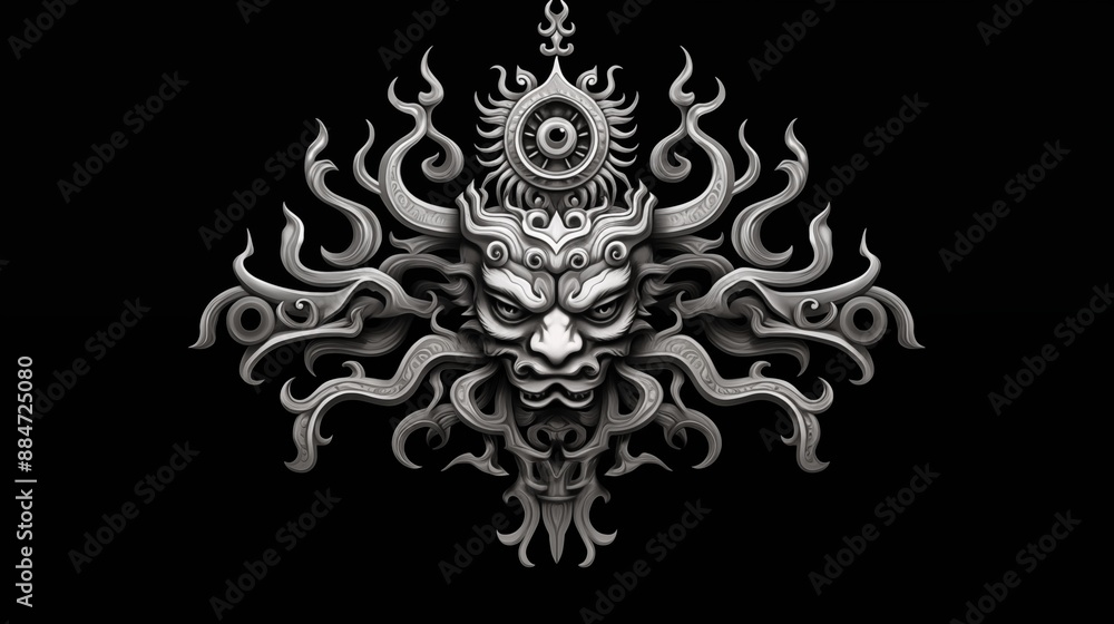 Fototapeta premium Intricate Mythical Demon Mask with Ornate Patterns and Flame Tentacles