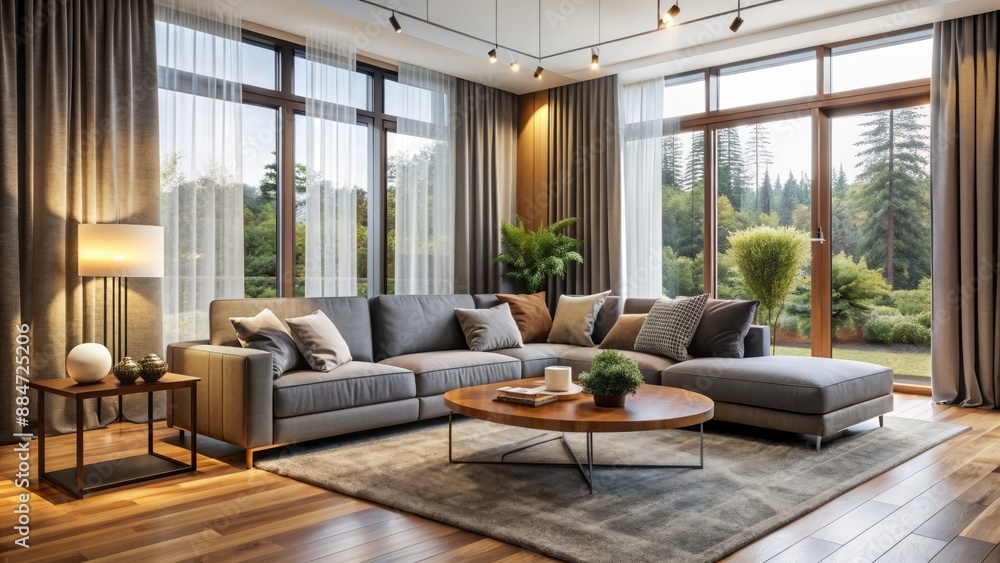Cozy modern living room with sleek gray sofa, wooden coffee table, and floor-to-ceiling windows with luxurious curtains. Cozy modern living room with sleek gray sofa, wooden coffee table, and floor-to-ceiling windows with luxurious curtains.