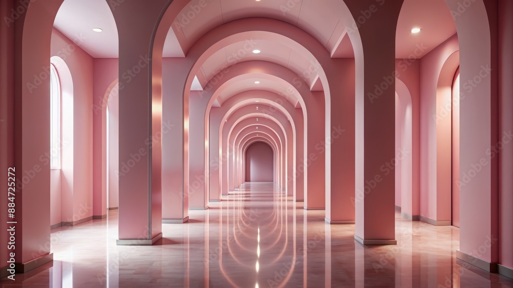 Fototapeta premium Sleek, modern, pink-hued 3D studio corridor with endless arched doorways, polished floor, and soft ambient lighting for product showcases.