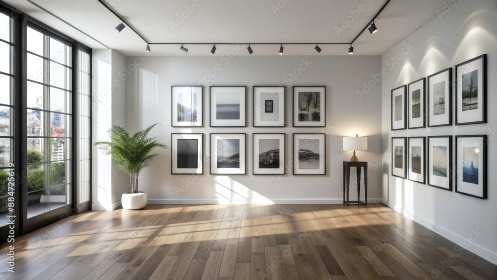 Obraz premium Minimalist empty room with modern black and white framed pictures hanging on a wall, creating a simplistic elegant atmosphere.