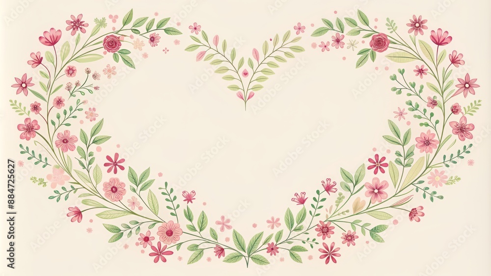 Delicate pink heart-shaped border adorned with tiny flowers and leaves on a soft, creamy white background, exuding warmth and tenderness. Delicate pink heart-shaped border adorned with tiny flowers and leaves on a soft, creamy white background, exuding warmth and tenderness.