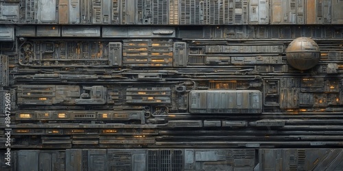 A metal wall texture with geometric patterns and glowing lights