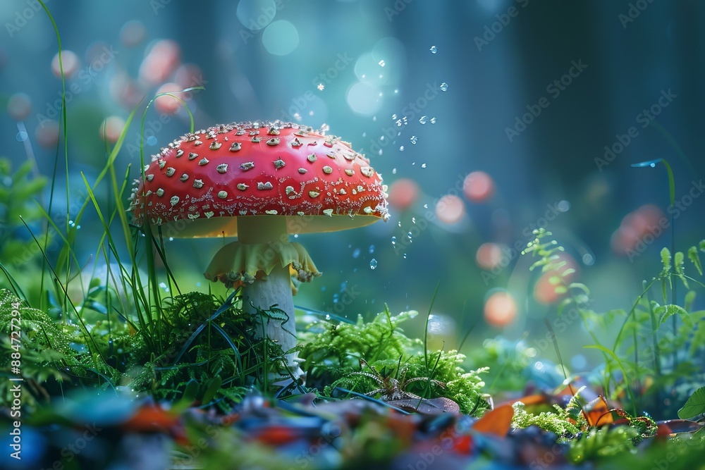 Fototapeta premium Captivating and mystical enchanted forest mushroom scene with vibrant red amanita fungi and whimsical bokeh in a lush, magical woodland habitat