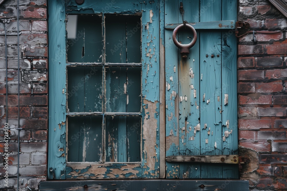 Naklejka premium an old battered wooden window with elements of iron fittings