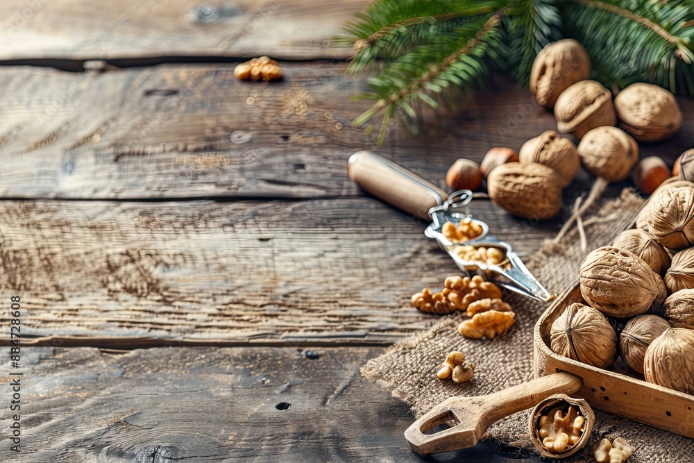 Nutcracker and Nuts on Rustic Wooden Table Nutcracker and Nuts on Rustic Wooden Table