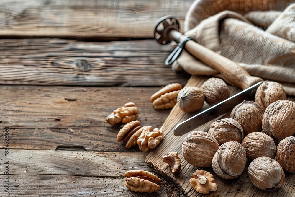 Nutcracker and Nuts on Rustic Wooden Table Nutcracker and Nuts on Rustic Wooden Table