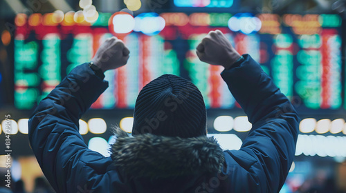 Stock market financial anlyst or businessman in a suit and tie raising his arms in celebration of a successful investment, IPO Success Concept.
