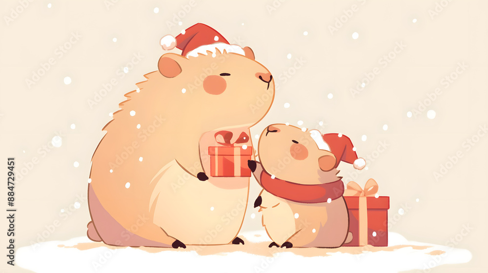 Cartoon Cute Santa Claus Capybara with gift box. banner, material, card, paper, wallpaper, background. Cartoon Cute Santa Claus Capybara with gift box. banner, material, card, paper, wallpaper, background.