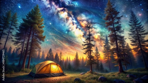 Serene forest landscape featuring a solitary camping tent under a vibrant starry night sky in a whimsical watercolor style. photo